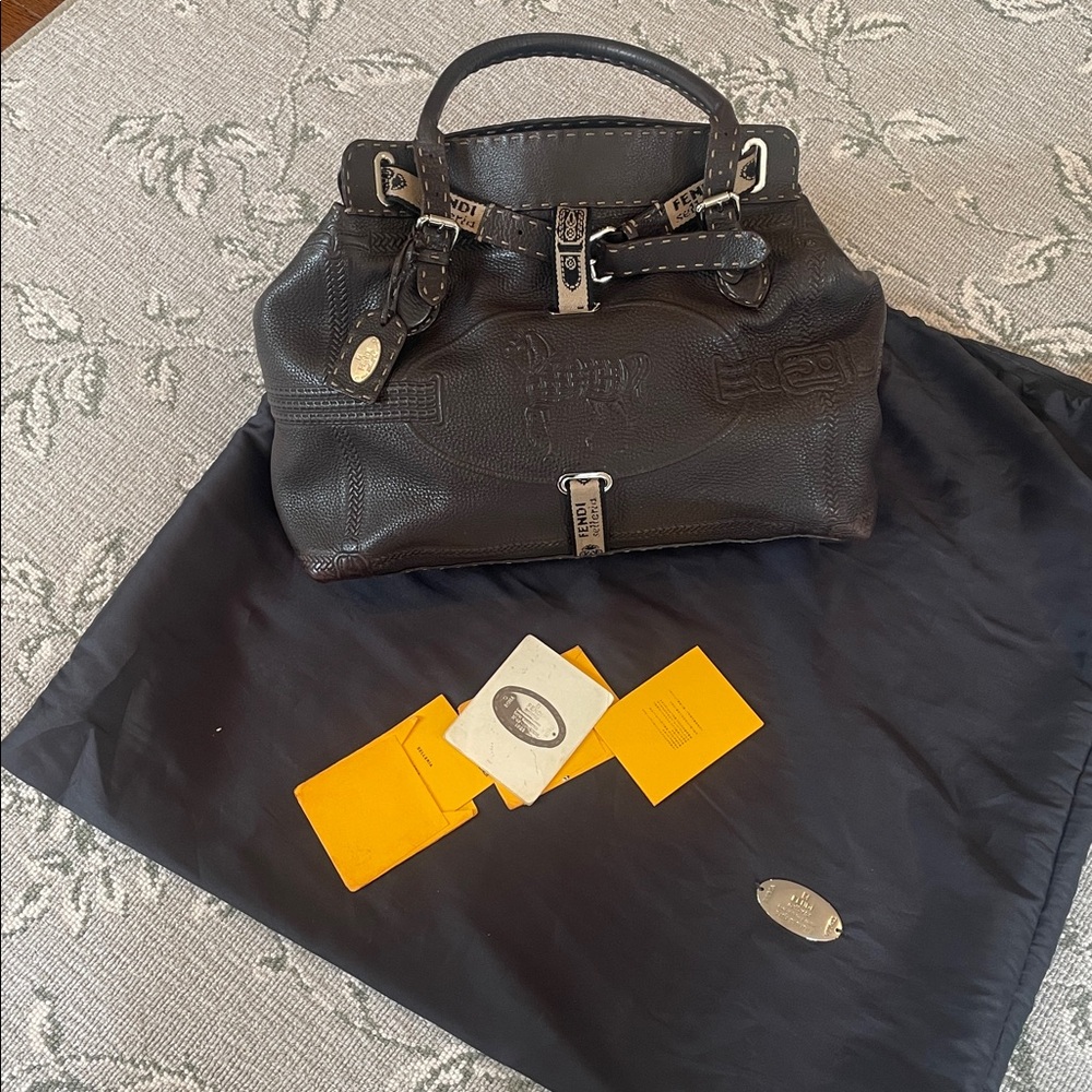 Vintage Fendi brown Textured Leather Top-Handle Satchel with Logo Trim